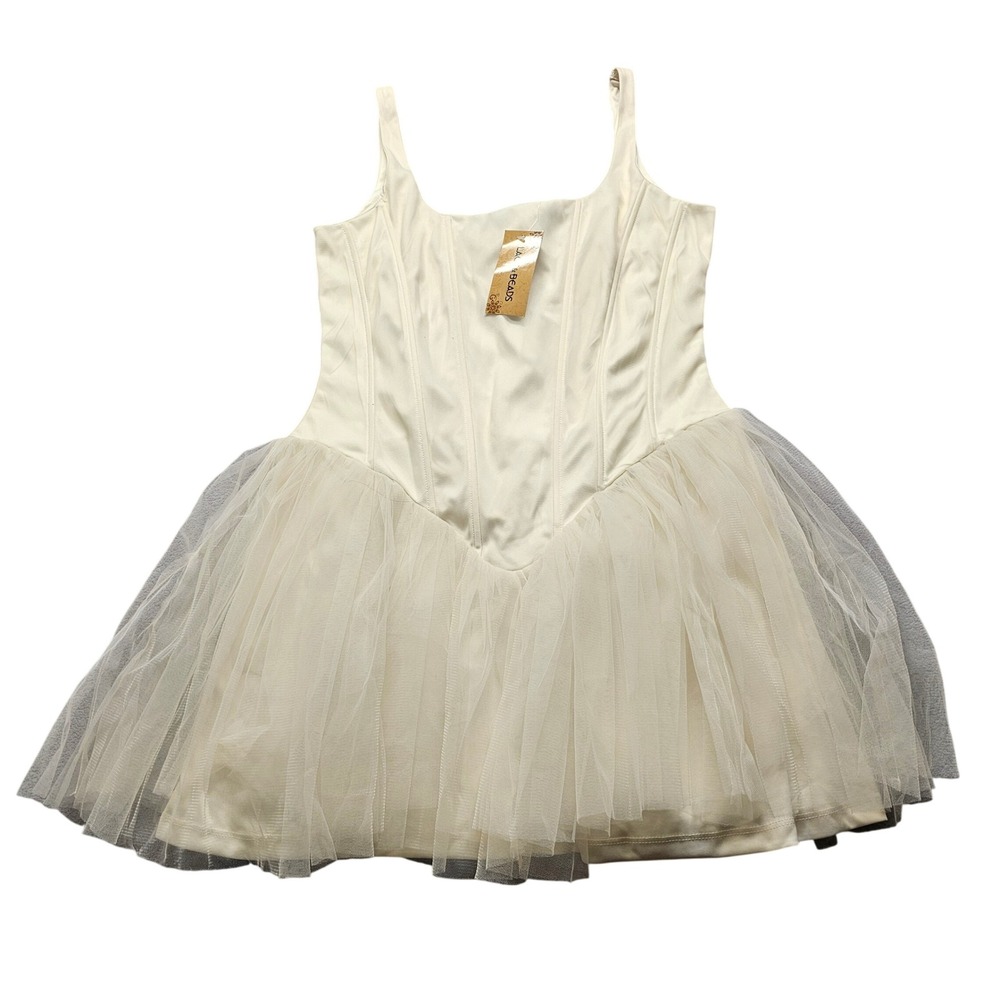 Lace & Beads Corset Tulle Mini Dress Women 14 Ivory Cream Sleeveless Party Prom
